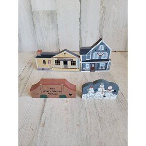 Wooden cats meow village drug store Snowman house shelf sitter set